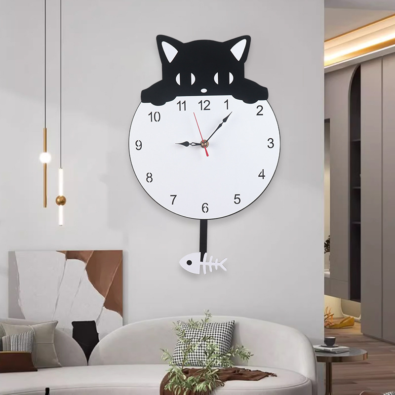 Creative Home Living Room Wall Watch Cartoon Cat Fish Swing Quartz Clock