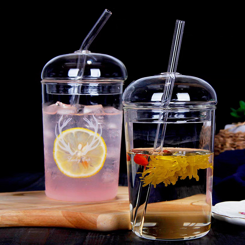Handmade Borosilicate Single Wall Smart Mug with Glass Straw and Lid for Lemon Water Juice Tea Set