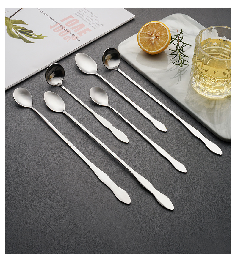 Stainless Steel Gourd Ice Long Spoon Round Spoon Coffee Stirring Spoon Milk Tea Shop Spoon Bar Cocktail Mixing Spoon