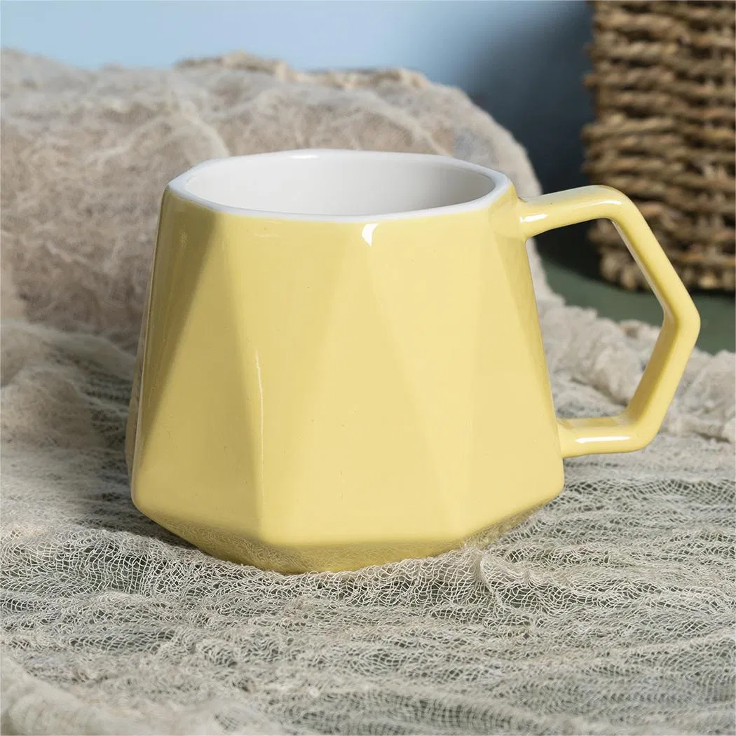 Custom 360ml/13oz Embossed Diamond Family Couple Breakfast Mug Wholesale Nordic Color Glazed Ceramic Coffee Mug