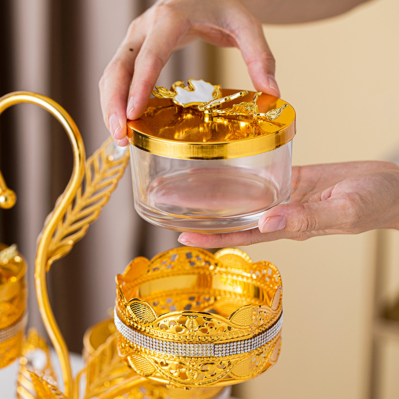 Home Decor Bowl Set, Includes 4 Glass Bowls and Gold-Plated Iron Stand Chocolate Jar