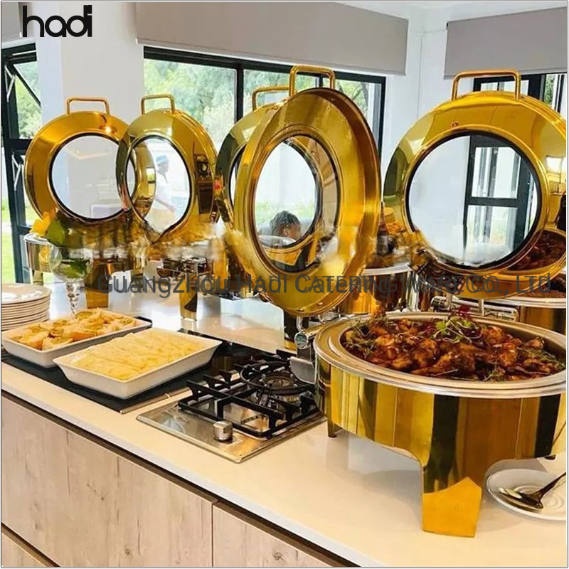 Catering Equipment Stainless Steel Food Warmer Big Golden Newest Design Rectangulaire Transparent Cheffing Luxury Glass Cover Roll Top Chafing Dish