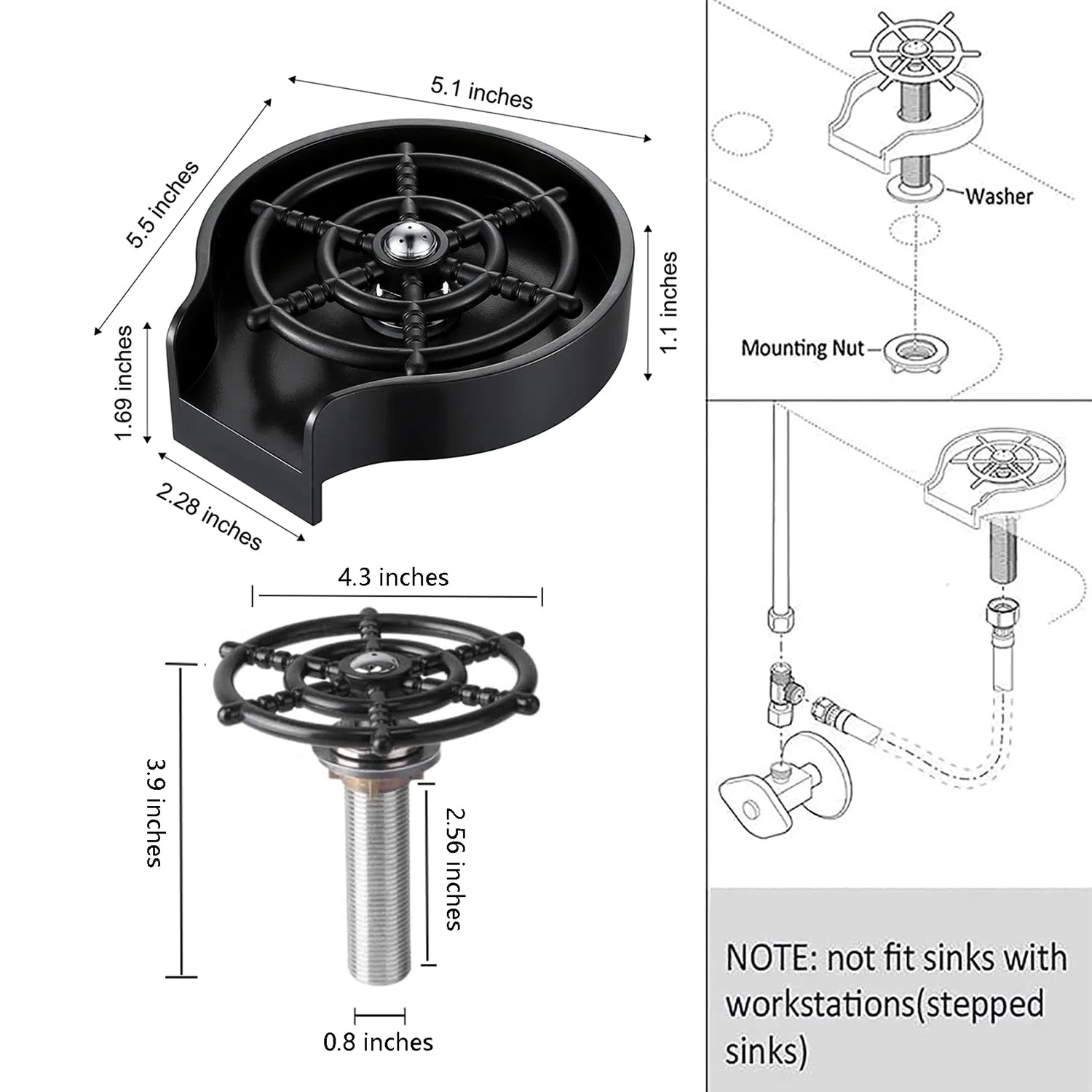 Aquacubic Quick Bar Glass Rinser ABS Kitchen Sink Automatic Flushing Device