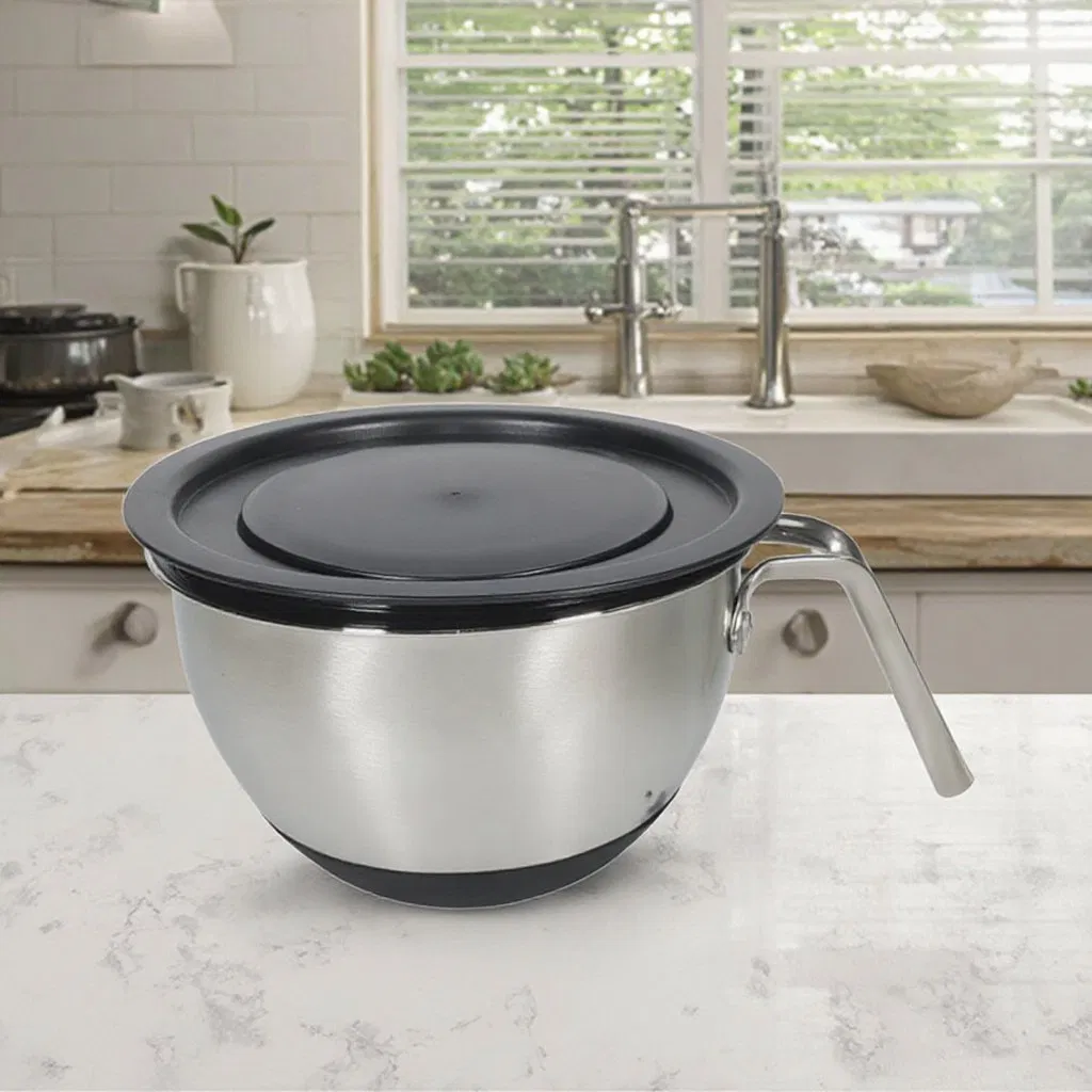 UK Hot Sale Kitchen Accessories Cooking Utensils Grey Non Slip Bottom PE Lid Stainless Steel Serving Bowls Mixing Bowls