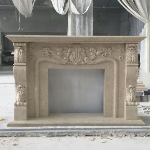 Hand Carving Stone Beige Marble Fireplace Mantel Surround