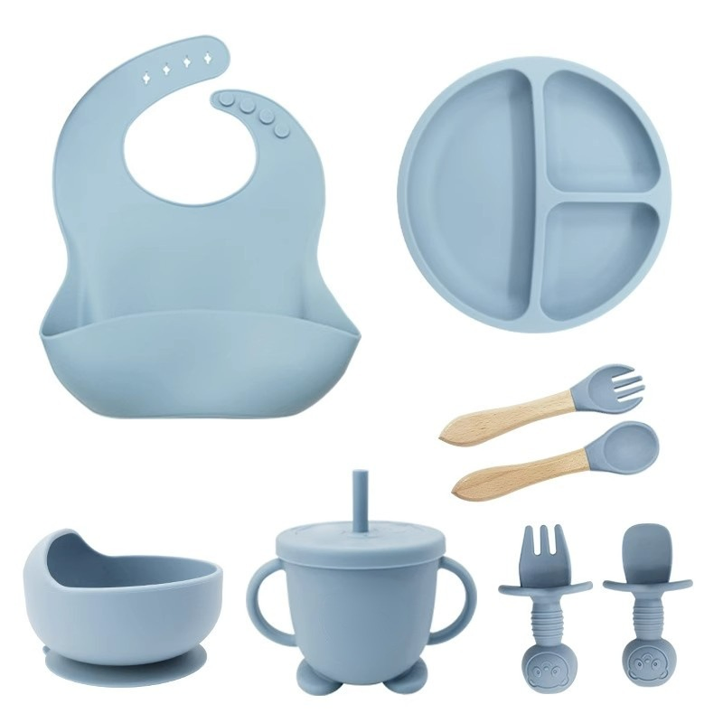 Baby Silicone Tableware Sets FDA LFGB Certified BPA Free Suction Plate Bowl Bib Spoon Set Baby Tableware Set
