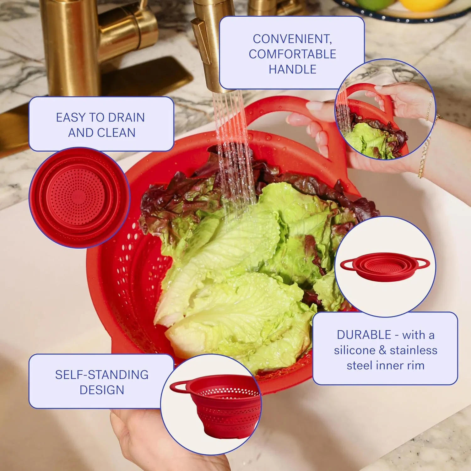 Silicone Collapsible Strainer Colanders with Handle for Vegetable and Fruit