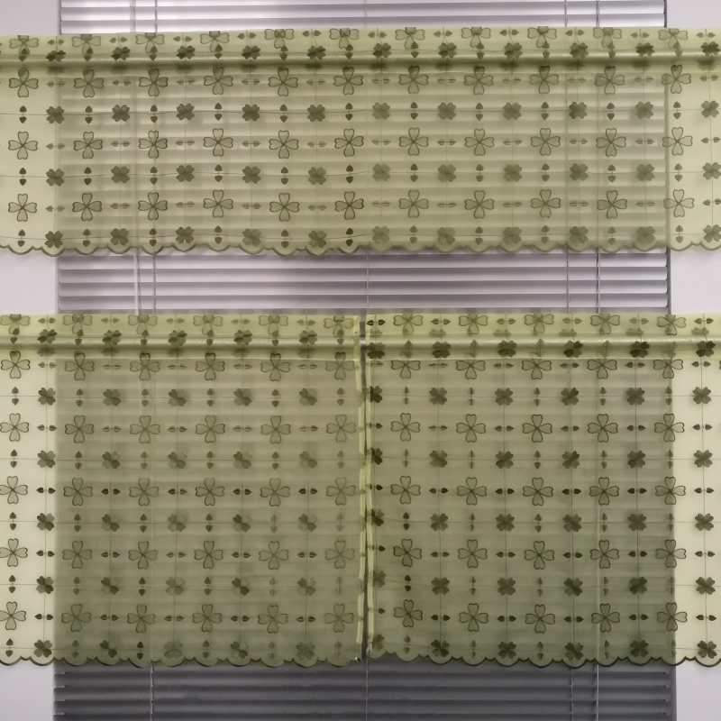 Digital Printed Kitchen Curtain Set - Olive Green Sheer with Four-Leaf Clover Patterns Patterns, Valance and Tier Panels
