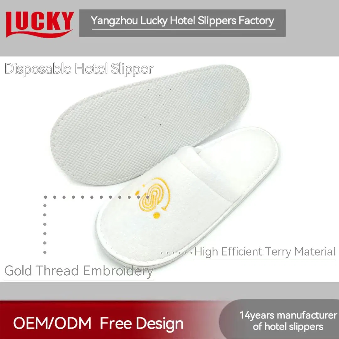 Shiney Poly Velour Close Toe Slippers Gold Color Embroidery Stylish New Terry Foam Bathroom Poly Velour Slippers for Hotel Luxury Disposable Slippers Customized