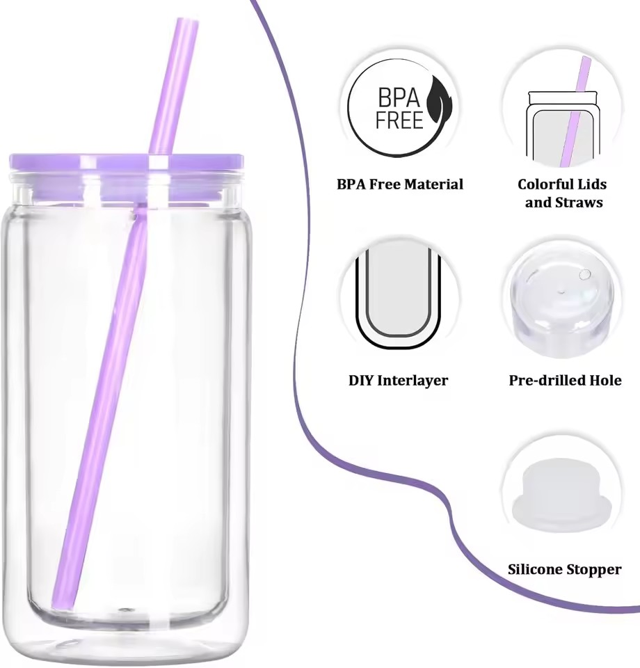 16oz Eco-Friendly Insulated Double Wall Plastic Snow Globe Tumbler Slim Design with Glitter PP Material Lid Straw Tea Wine Gifts