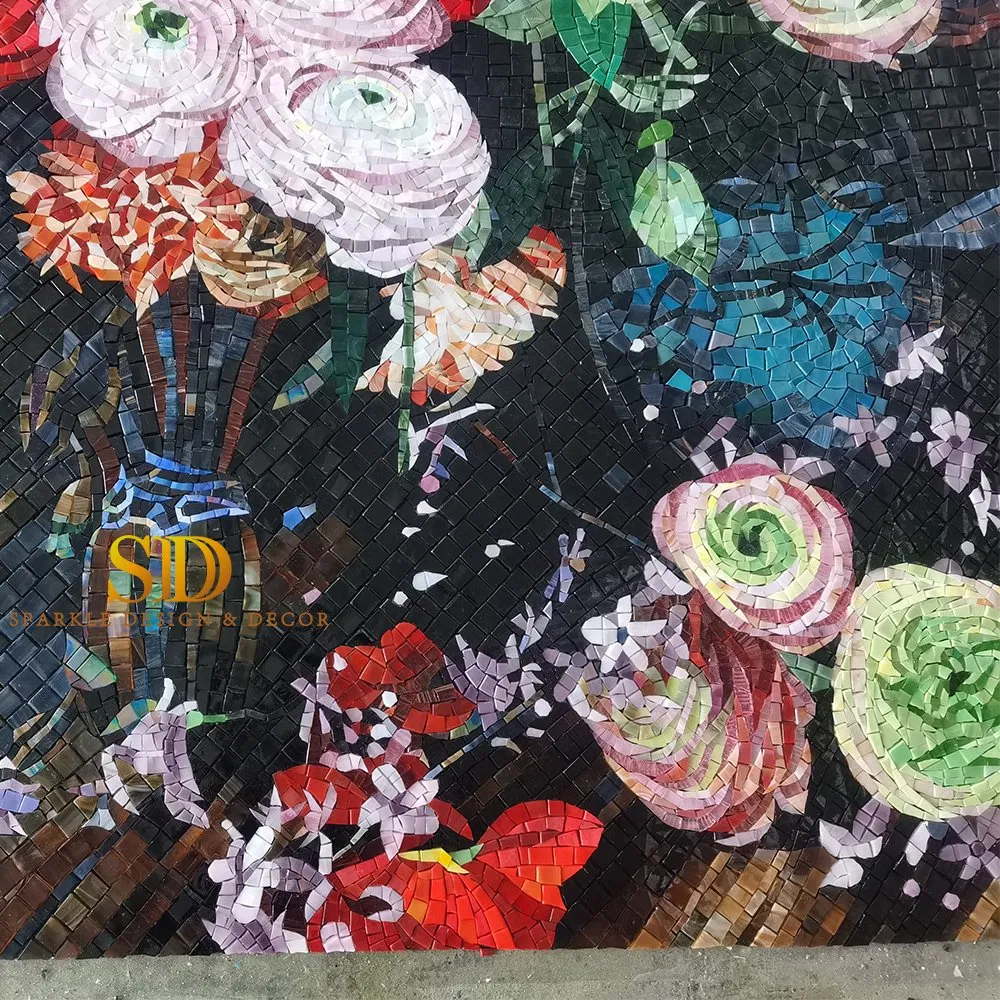 High Quality Exquisite Colorful Hand Made Glass Mosaic Flower Mural for Bathroom Wall Decoration