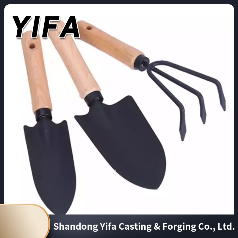 3 Piece Set Mini Garden Tool Spatula Rake Seedling Machine for Outdoor Potted Flowers Iron Wood Black