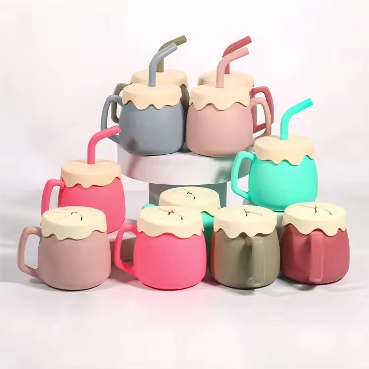 Silicone BPA Free Sippy Cup Lid Kids Leakproof Drinking Baby Toddler Silicone Cups with Straws Snack Lid Cup