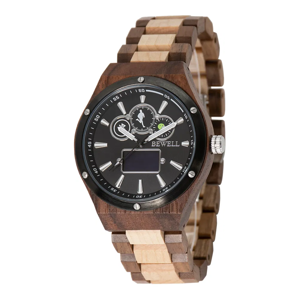 Bewell Handcrafted Wooden Smart Wrist Watch with Ss Bezel and Backcase for Mens 3ATM Waterproof