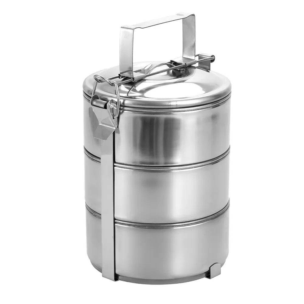 Single Wall Stainless Steel Portable Bento Lunch Box 3 Tier Tiffin Food Carrier with 3 Pans for Work or School