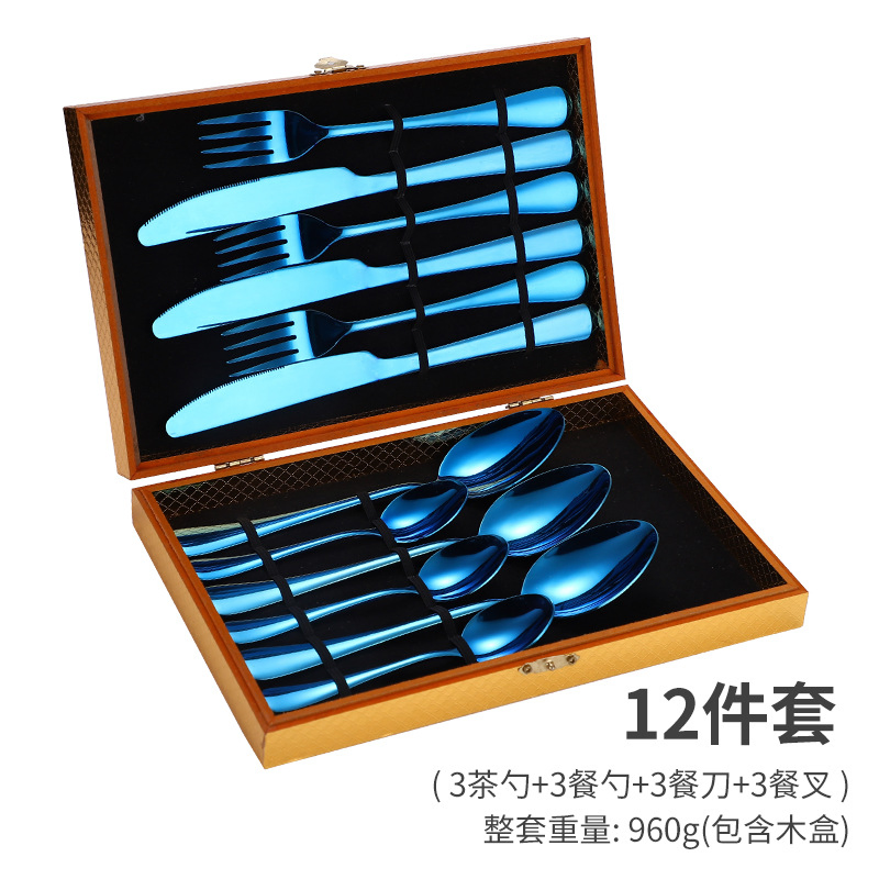 Stainless Steel Steak Knife and Fork Set 12 Pieces Western European Knife, Fork and Spoon Cutlery Set Gift Box Wooden Box Cutlery