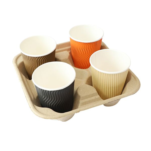Customizable Cup Holder Biodegradable Paper Pulp Takeaway Carrier Tray Coffee Paper Cup Holder Tray