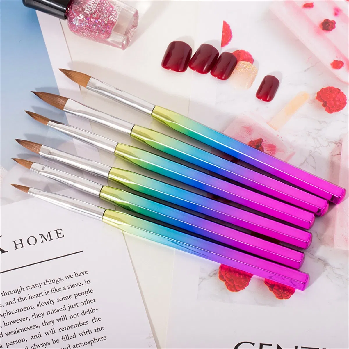 Wholesale Design Personalized Hexagonal Rod Plastic Handle Nail Brush 100% Acrylic Nail Brushes for Kolinsky