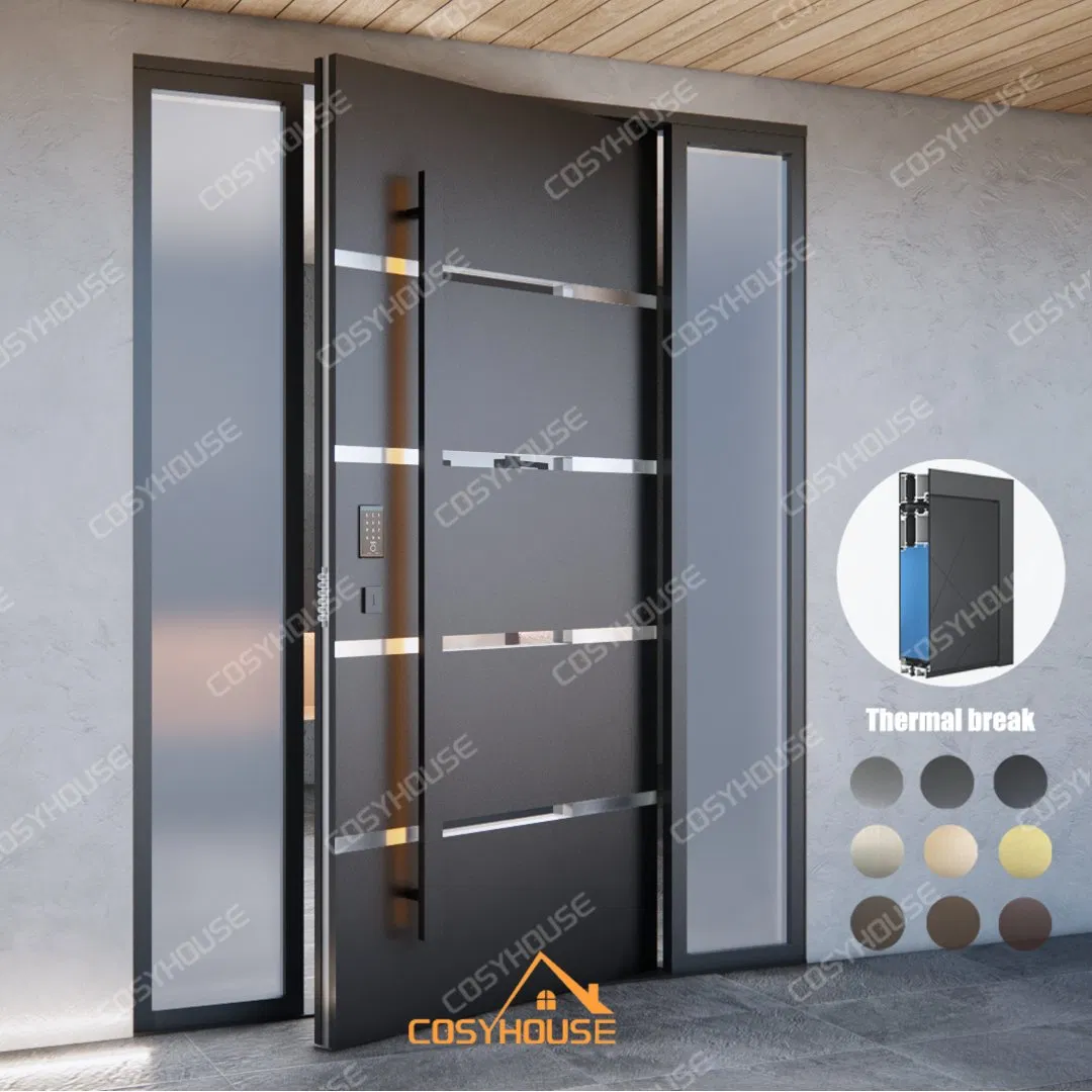 Modern Exterior Door with Side Windows and Glass Insert for Villa Apartment Main Entrance - Aluminum Alloy Frame Thermal Insulation Anti-Theft Design