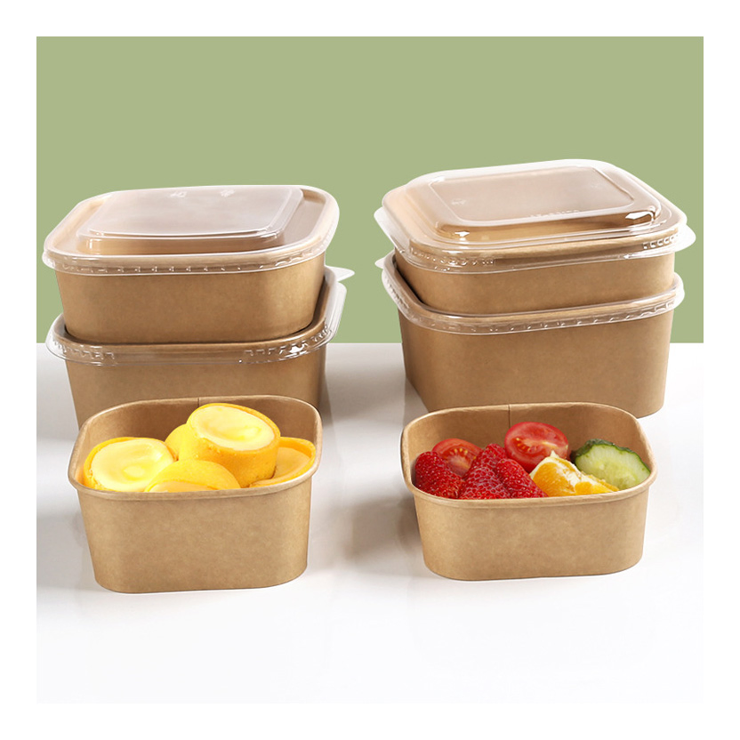 Disposable Oil Resistant Rectangular Square Soup Containers 1000ml Round Food Grade Custom Logo Printed Kraft Salad Paper Bowl with Lid