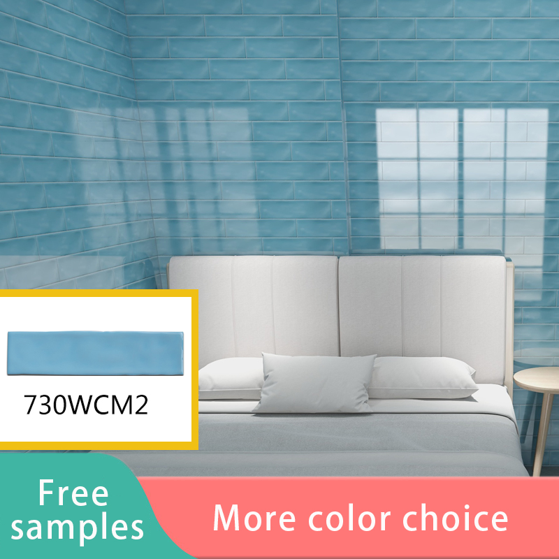 75X300mm Wavy Edge Lake Blue Glossy Subway Wall Tiles Bathroom Tiles Blue Tiles