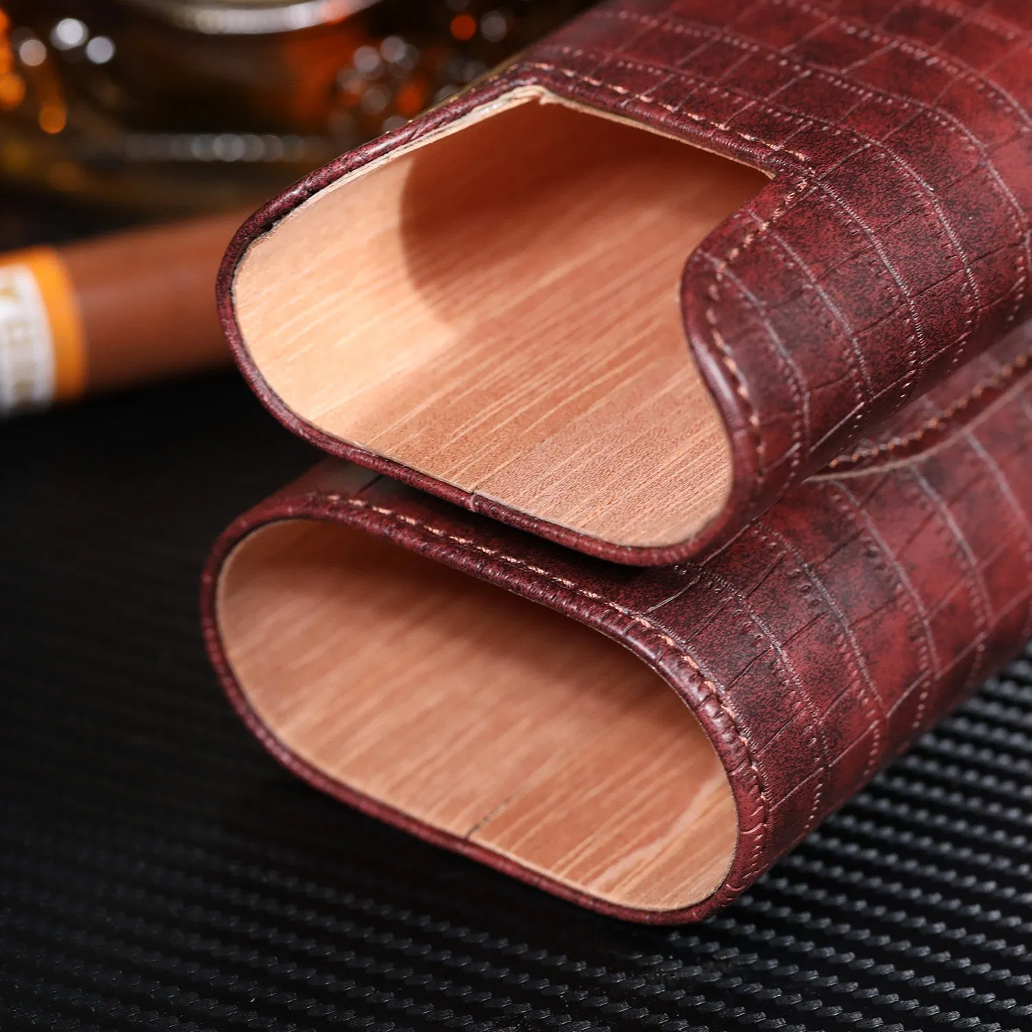 Three-Piece Portable Cowhide Leather Moisture-Proof Cigar Storage Holder Cases