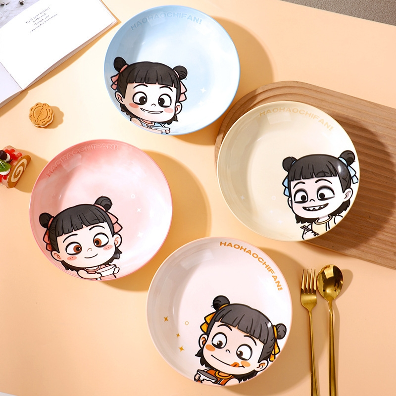 8"Coup Moon Soup Plate with Cartoon Decal Stoneware Ceramic Porcelain Tableware
