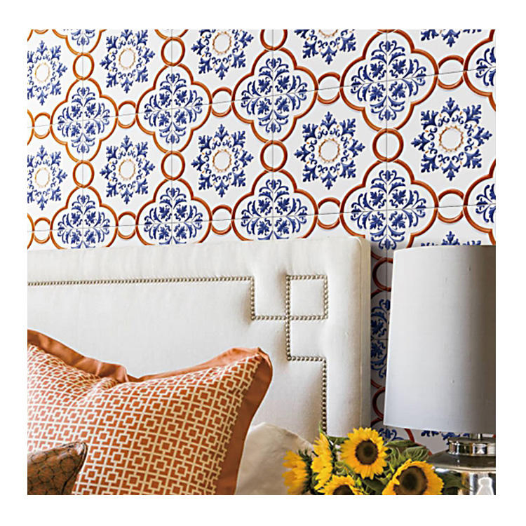3D Flower Porcelain Drawing Room Wall Border White and Gold Tiles