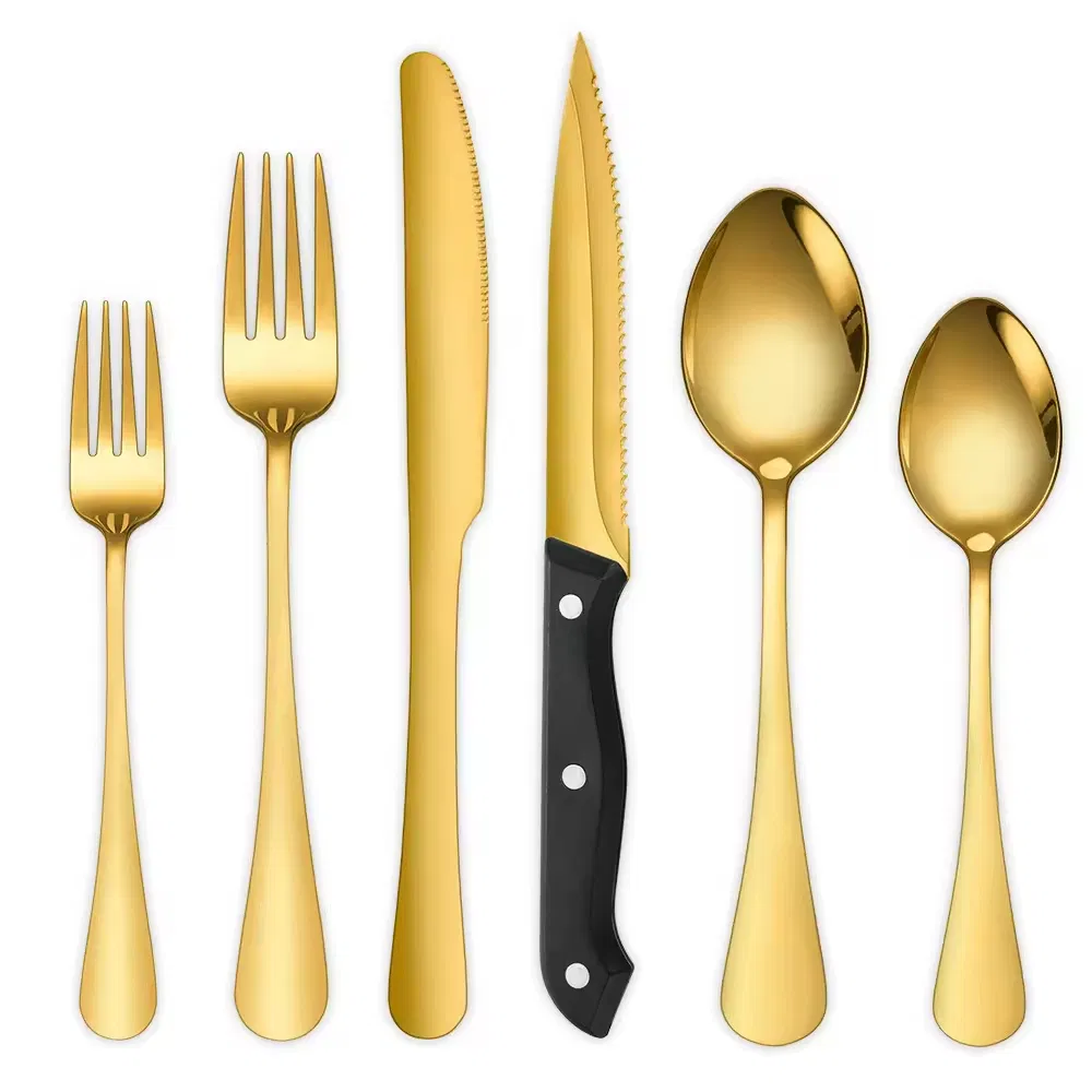 24PCS Cutlery Set Low Price Color Box Package Dinner Dark Green Gold Fork Spoon Knife Laguiole Stainless Steel Flatware Sets