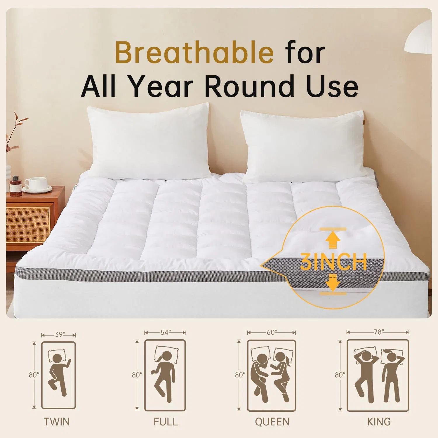 Mattress Topper Stretchable Pockets Soft Pillow Top Mattress Pad for Back Pain Relief with Breathable Air Mesh Sides