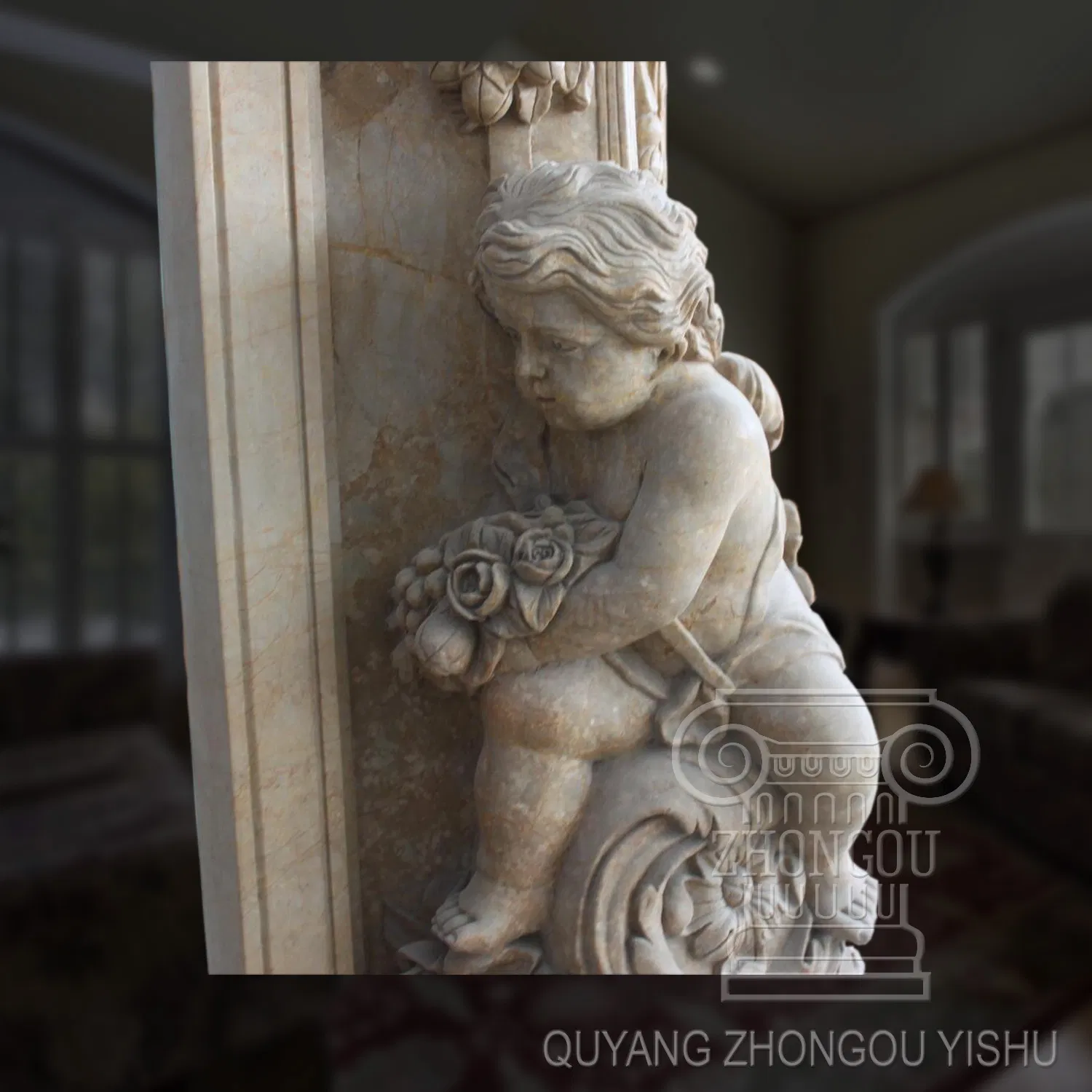 Great Figure Pattern Yellow Marble Fireplace Sculpture