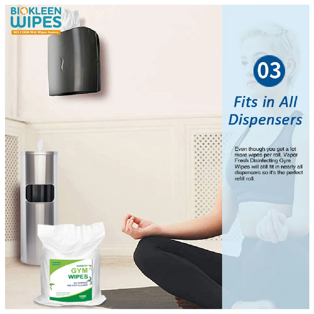 Biokleen Custom Non-Woven Biodegradable Gym Equipment Cleaning Wet Wipes with Dispenser, Wipes Plus Gym Wipes