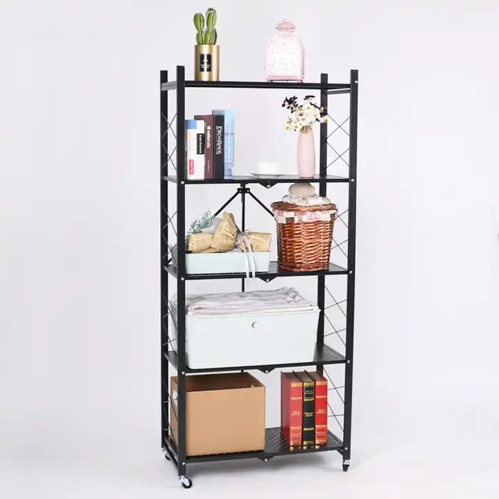 4 Tiers Metal Book Rack Organizer Space Saving Folding Home Kitchen Storage Shelves Rack