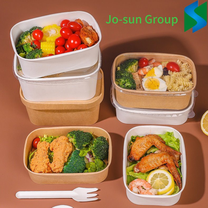 Jo-Sun Disposable Rectangular Brown White Kraft Paper Bowl with Lid Salad Bowl