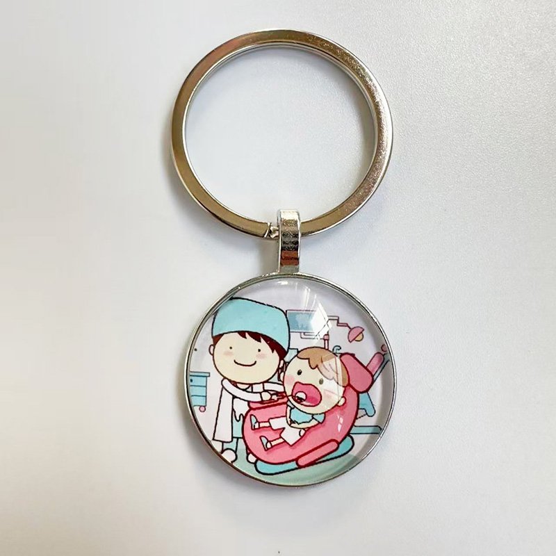 Personalized Customs Made Dental Gift Time Gem Glass Teeth Pattern Dental Nurse Keyring
