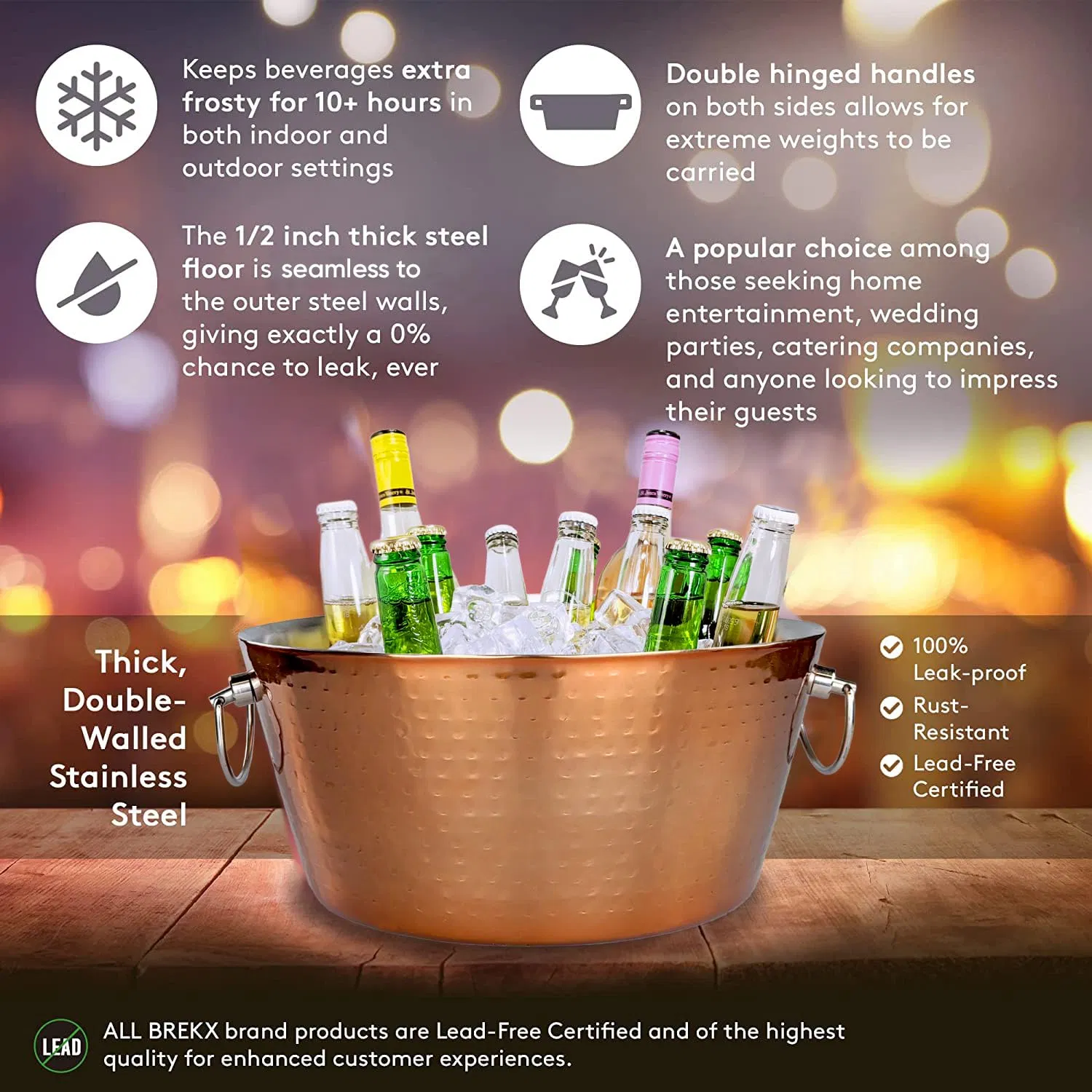 Hammered Stainless Steel Beverage Double Walled Insulated Anchored Drink Tub Ice Bucket