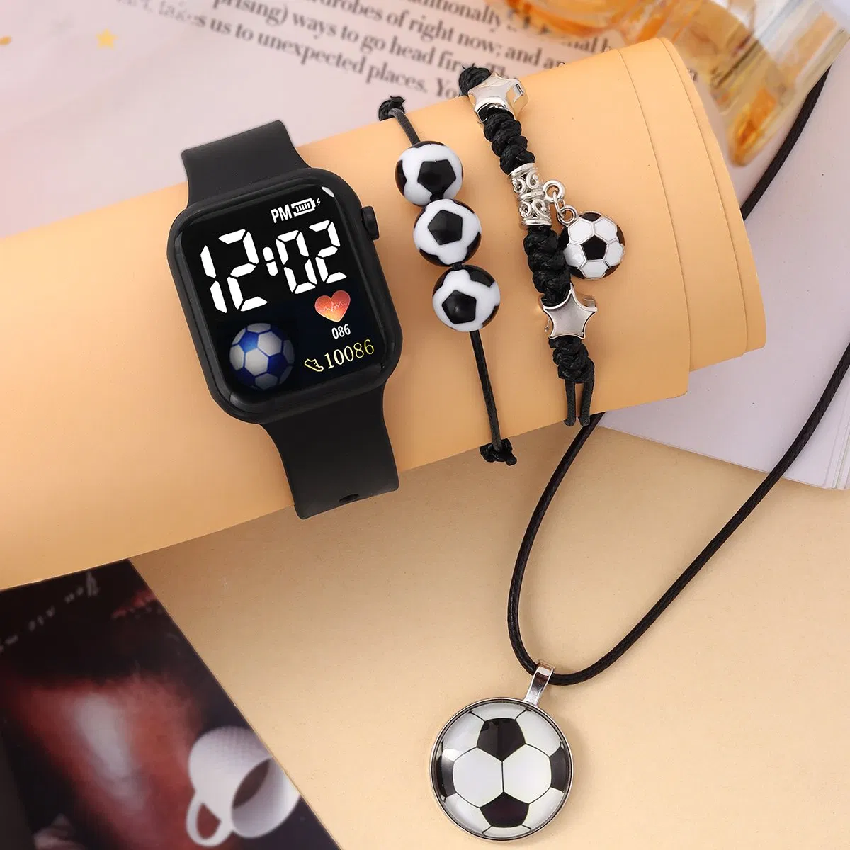 Black Cartoon Watch Gift Set Football Bracelet Necklace