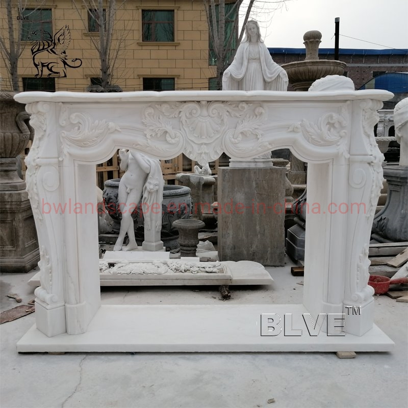 Large Hand Carved Indoor 2 Tier Solid Stone Fireplace Marble Fireplace Mantel with Statues