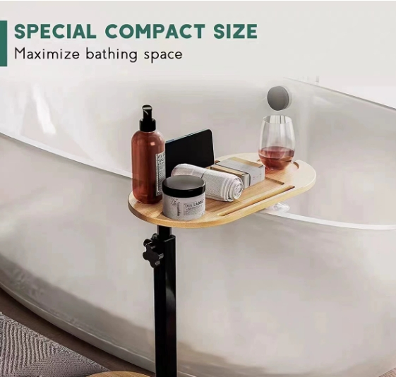 Floor-Standing Wooden Bathtub Shelf, Height Adjustable and Portable Storage Rack
