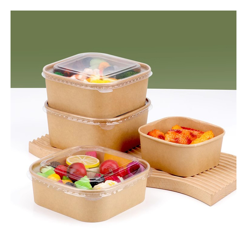 Custom Logo Printing Disposable 16oz Fruit Vegetable Packaging Container with Lid Eco-Friendly Square Kraft Paper Bento Soup Noodle Rice Salad Lunch Bowl