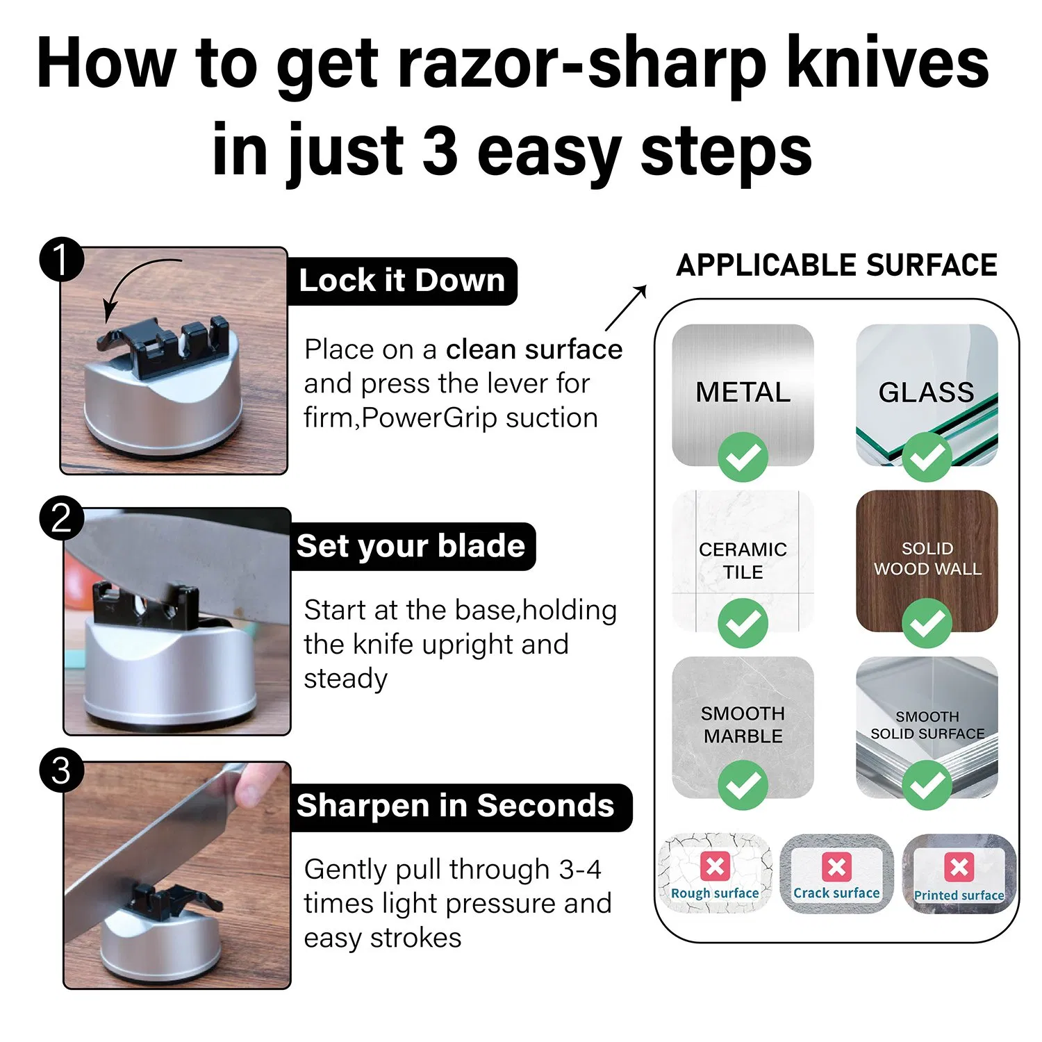 3-Stage Mini Knife Sharpener with Suction Base for Kitchen Use