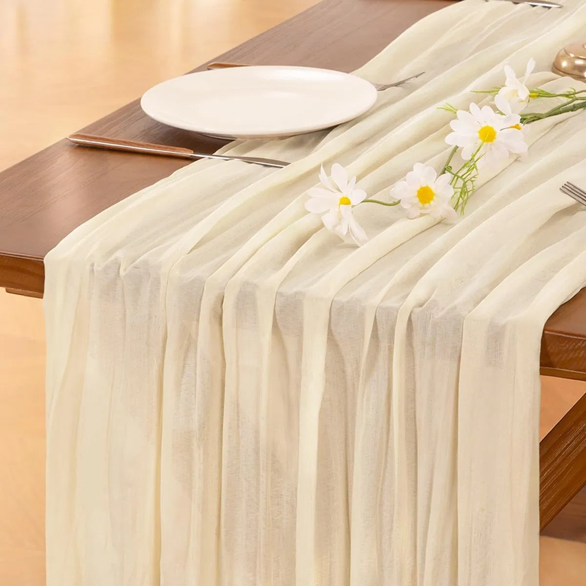 Beige Boho Rustic Cheesecloth Table Runner for Wedding Party Birthday Home Decor