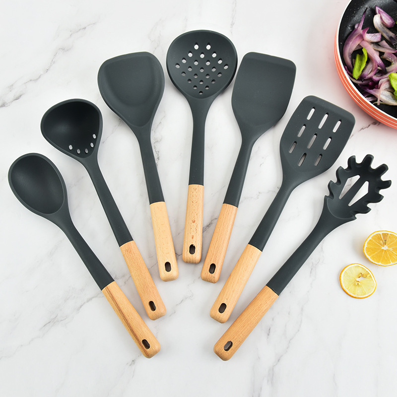 7-Pieces Heat Resistant Silicone Kitchen Utensils with Wooden Handle for Cooking