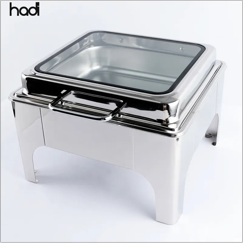 Guangzhou Hadi Restaurant and Hotel Supply Stainless Steel Chafing Dish Food Warmers 6 Liter Chef Serving Dishes Silver Sqaure Hydraulic Chafing Dish Roll Top