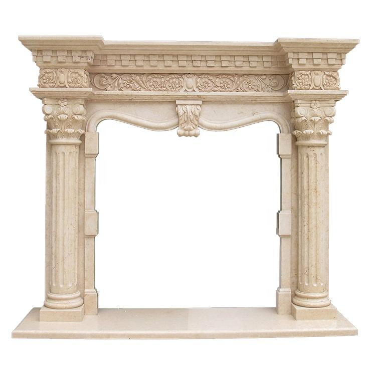 Double-Layered Beige Marble Fireplace with Lion Relief Decoration