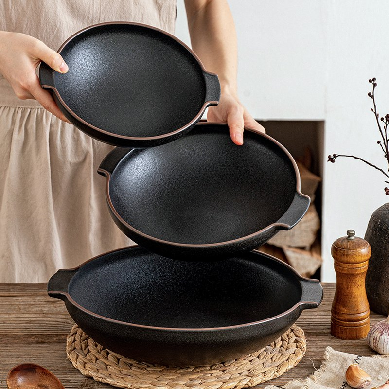 Cast Iron Black Restaurant Noodle Soup Bowl Serving Large Ceramic Bowl