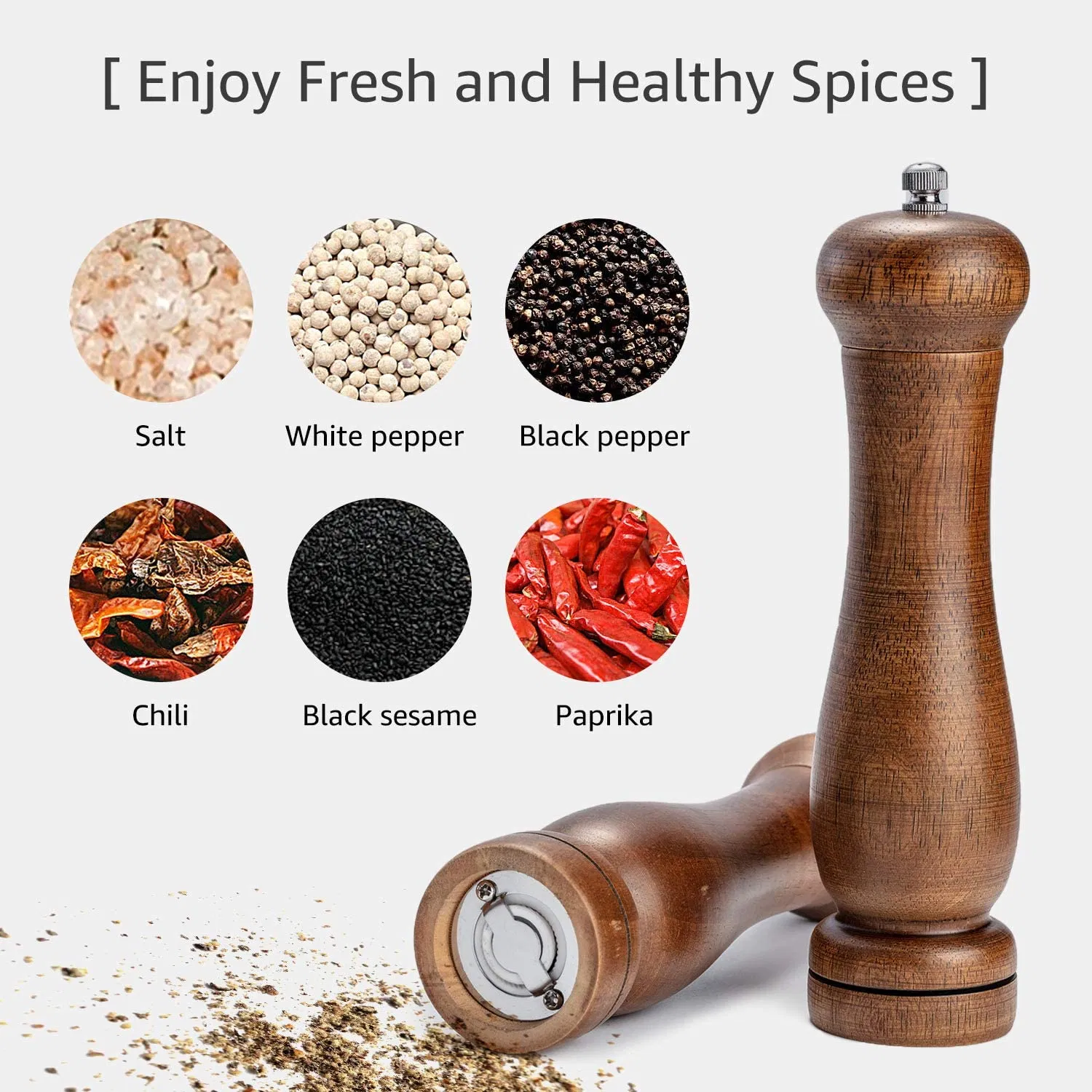 Wooden Salt and Pepper Grinder Set, Acacia Wood Salt and Pepper Grinders Refillable,Pepper Mill with Adjustable Coarseness,Salt and Pepper Grinders Shaker Table
