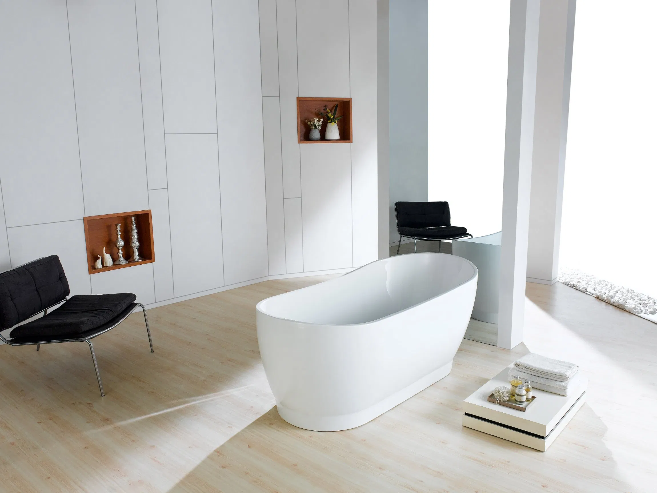 Morden Slipper Freestanding Acrylic Bathtub with Brushed Nickel, Brushed Gold Floor Mounted H59 Brass Tap Mixer