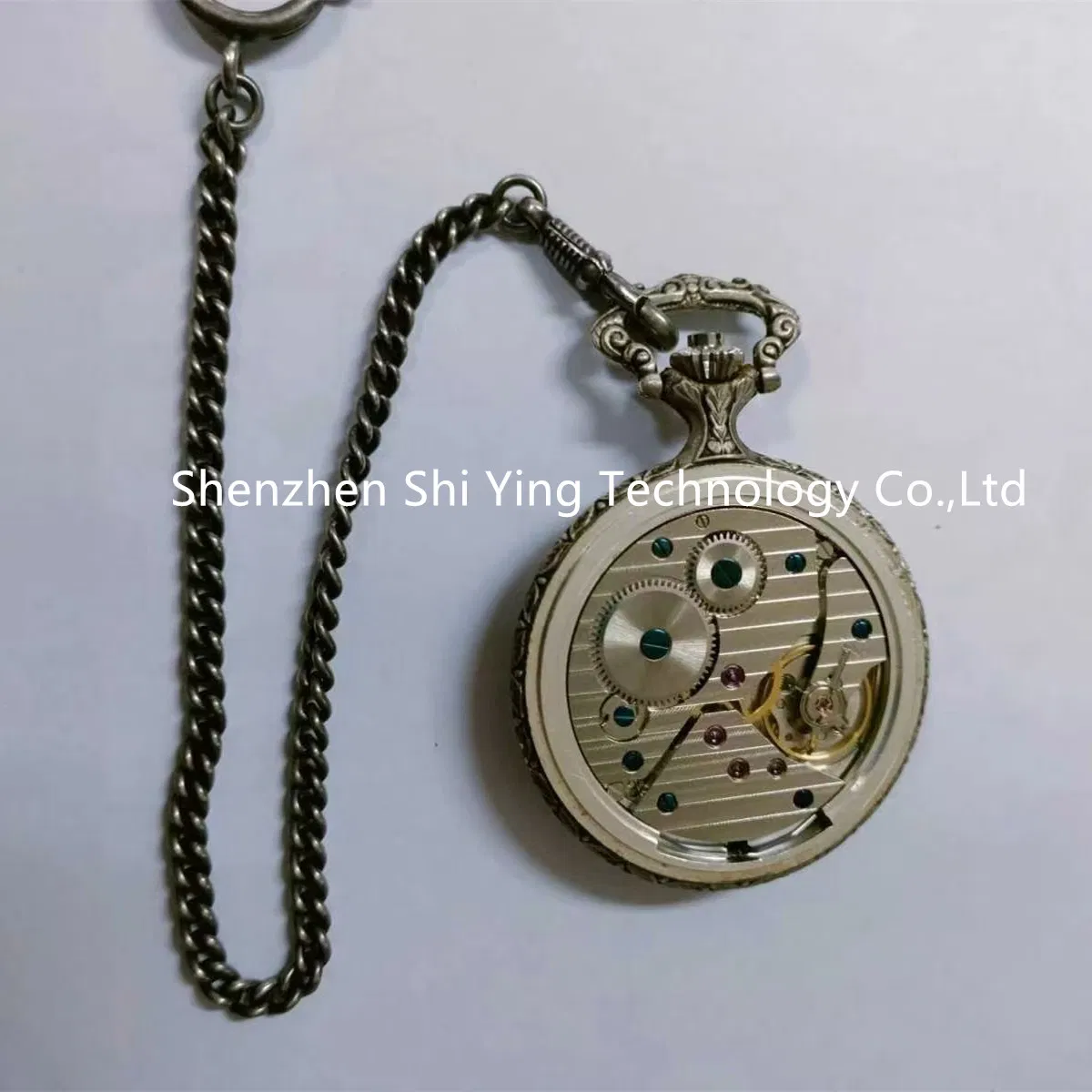 Antique Retro Vintage Railroad Silver Train Embossed Pocket Watch with Chain