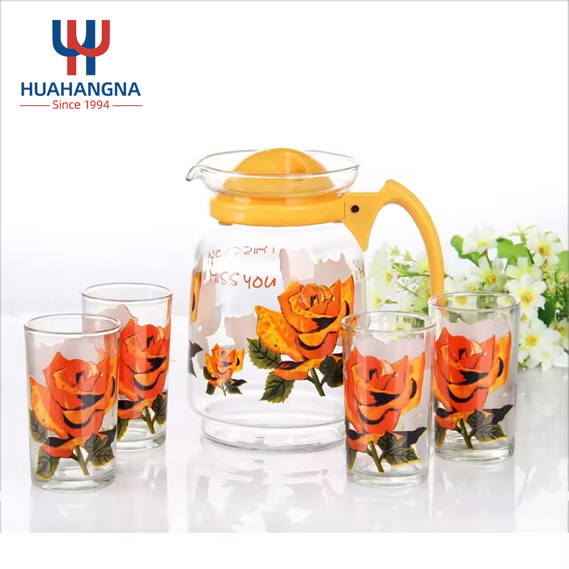 7PCS Custom Logo Flower Juice Beverage Glass Drinking Set with Thermal Transfer Flower Iced Tea Water Pitcher Glass Jug and Cup Set